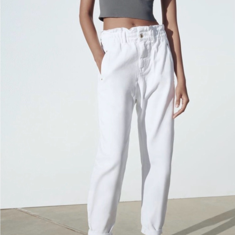Zara White High Rise Paperbag Baggy Cropped Jeans Size 2